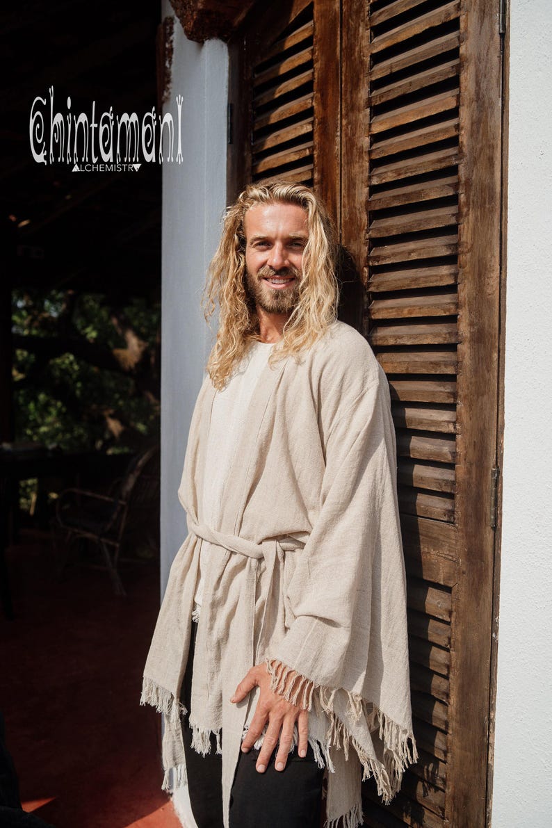 Beige katoenen kimono ∆ Boho kleding voor heren ∆ Hippie kimono vest ∆ Asymmetrische tuniek ∆ Jedi-gewaad ∆ Boho festival cyberpunk outfit afbeelding 2