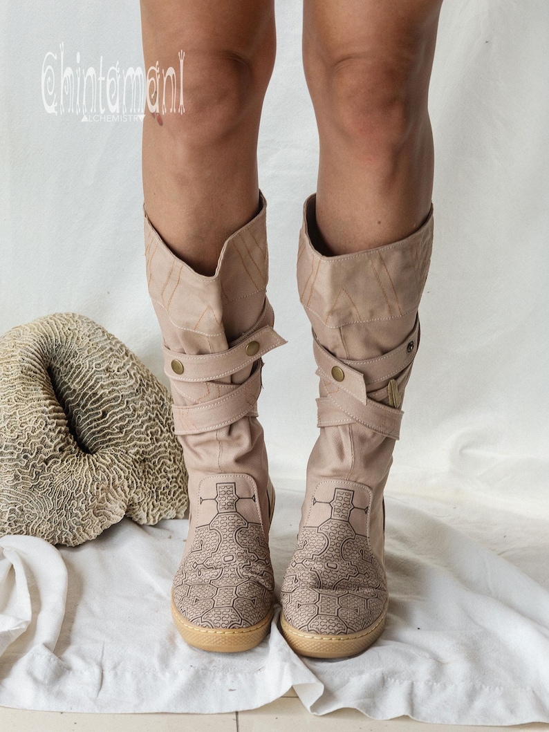 Beige Vegan Shoes ∆ Canvas High Boots Women ∆ Tribal Wrap Shoes ∆ Playa Outfit Man Cotton Boho Boots ∆ Goa Ibiza Gypsy Style image 8