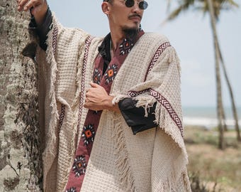BERBER Mens Poncho Wrap Coat ∆ Boho Man Clothing Hemp Jacket ∆ Festival Outfit Cardigan ∆ Hippie Bohemian Clothes Kimono Robe / Off White