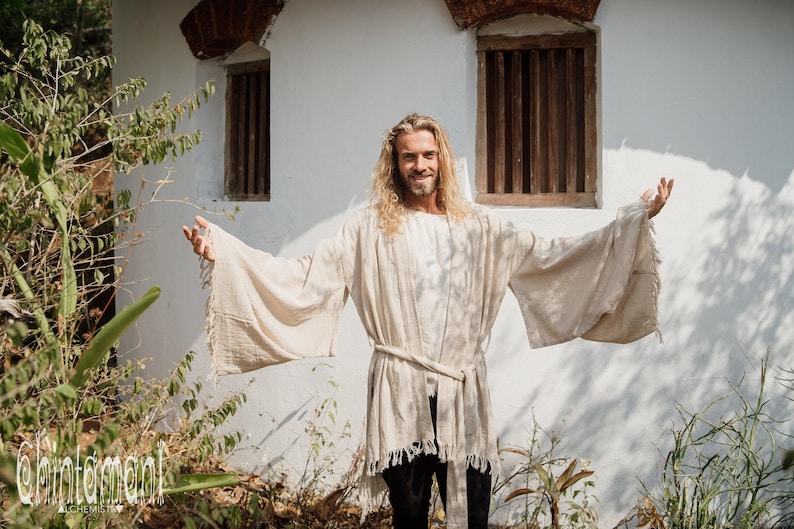 Beige katoenen kimono ∆ Boho kleding voor heren ∆ Hippie kimono vest ∆ Asymmetrische tuniek ∆ Jedi-gewaad ∆ Boho festival cyberpunk outfit afbeelding 9