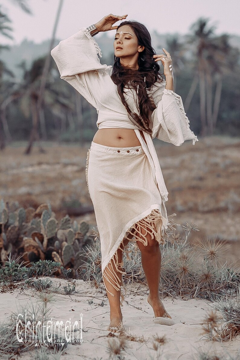 Top estilo boho cruzado para mujer ∆ Ropa boho, top kimono ∆ Ropa orgánica ∆ Top corto de manga ancha ∆ Ropa boho estilo hippie gitano / Blanco roto imagen 12