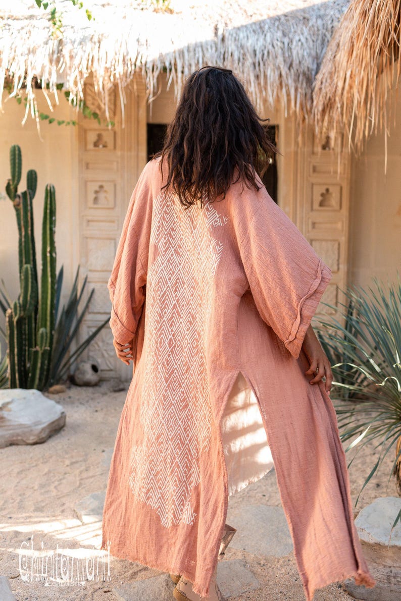 Pink Boho Kimono Cardigan for Women ∆ Bohemian Robe Tribal Ibiza Wrap Cape ∆ Raw Cotton Cover Up Gown by Chintamani Alchemy / Dusty Rose image 6