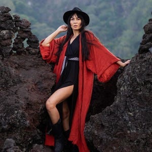 Bata kimono de algodón crudo ∆ Chaqueta cruzada tipo cárdigan bohemio ∆ Vestido maxi bohemio ∆ Top gitano de estilo tribal ∆ Vestido playero Miami Long Beach / Ocre rojo imagen 10
