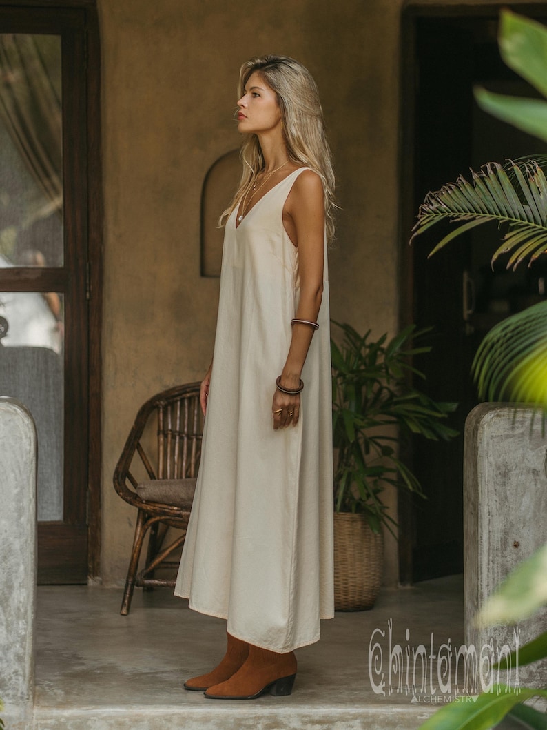 Organic Cotton Boho Dress ∆ Women Maxi Dress ∆ Ceremonial Clothes Cream Modest Dress by Chintamani ∆ Ibiza Bohemian Outfit / Ivory image 4