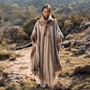Fringe Kimono Poncho Robe ∆ Boho Coat Women Clothing ∆ Desert Man Festival Outfit Bohemian Wrap Cardigan ∆ Ceremony Clothes Top / Coffee