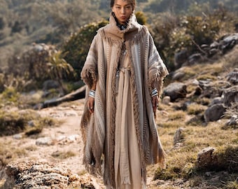 Fringe Kimono Poncho Robe ∆ Boho Coat Women Clothing ∆ Desert Man Festival Outfit Bohemian Wrap Cardigan ∆ Ceremony Clothes Top / Coffee