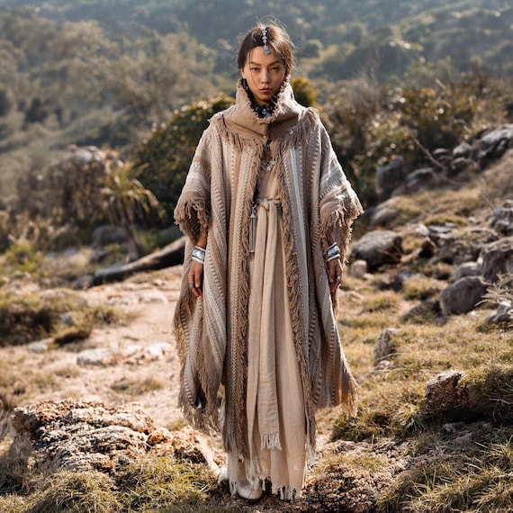 Fringe Kimono Poncho Robe ∆ Boho Coat Women Clothing ∆ Desert Man Festival Outfit Bohemian Wrap Cardigan ∆ Ceremony Clothes Top / Coffee