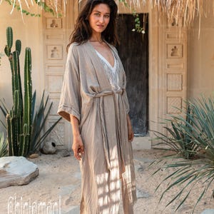 Raw Cotton Kimono Robe ∆ Women Boho Wrap Cardigan Top ∆ Maxi Bohemian Kimono Jacket ∆ Gypsystyle Clothing ∆ Ibiza Cape Beach Cover Up / Sage image 4
