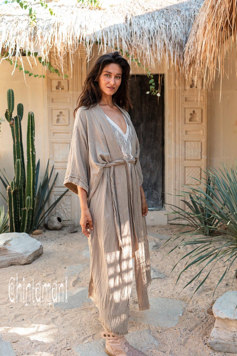 Raw Cotton Kimono Robe ∆ Women Boho Wrap Cardigan Top ∆ Maxi Bohemian Kimono Jacket ∆ Gypsystyle Clothing ∆ Ibiza Cape Beach Cover Up / Sage image 4