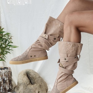 Beige Vegan Shoes ∆ Canvas High Boots Women ∆ Tribal Wrap Shoes ∆ Playa Outfit Man Cotton Boho Boots ∆ Goa Ibiza Gypsy Style image 13