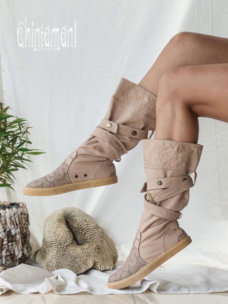 Beige Vegan Shoes ∆ Canvas High Boots Women ∆ Tribal Wrap Shoes ∆ Playa Outfit Man Cotton Boho Boots ∆ Goa Ibiza Gypsy Style image 13