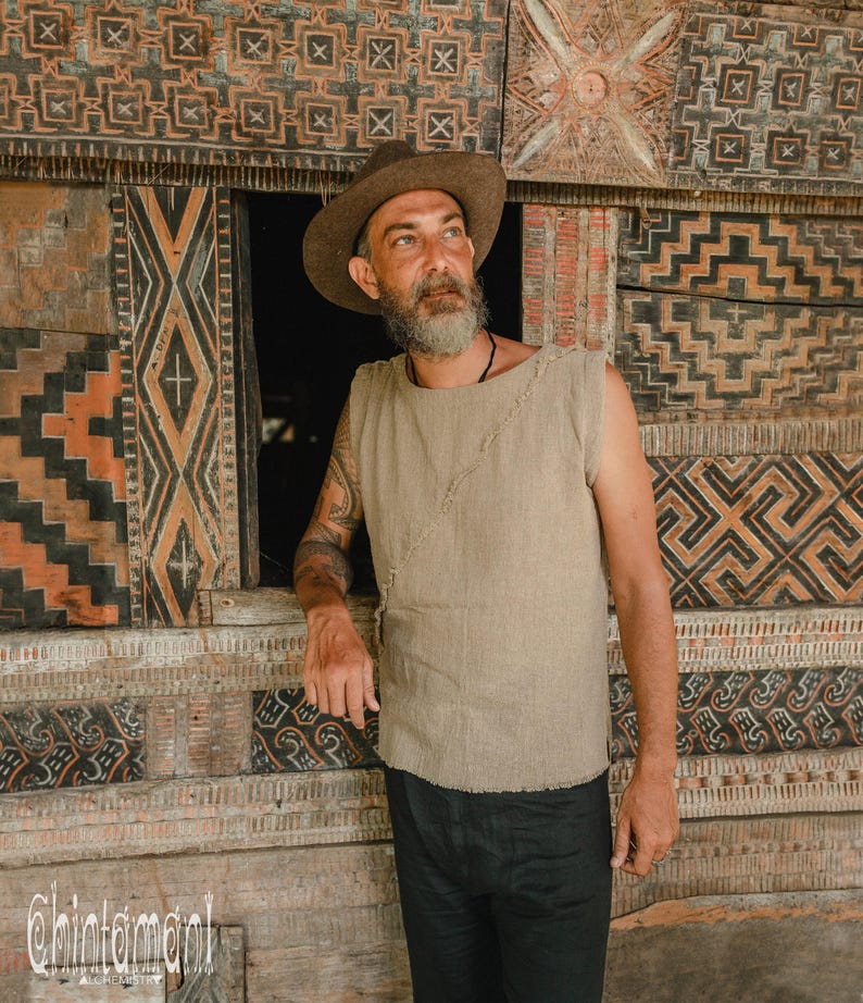 Mens Boho Tank Top ∆ Raw Cotton Hippie Shirt Boho Clothing Men ∆ Goa Gypsy Nomad Tribal Organic Clothes ∆ Vegan Sleeveless Tshirt / Sage image 1