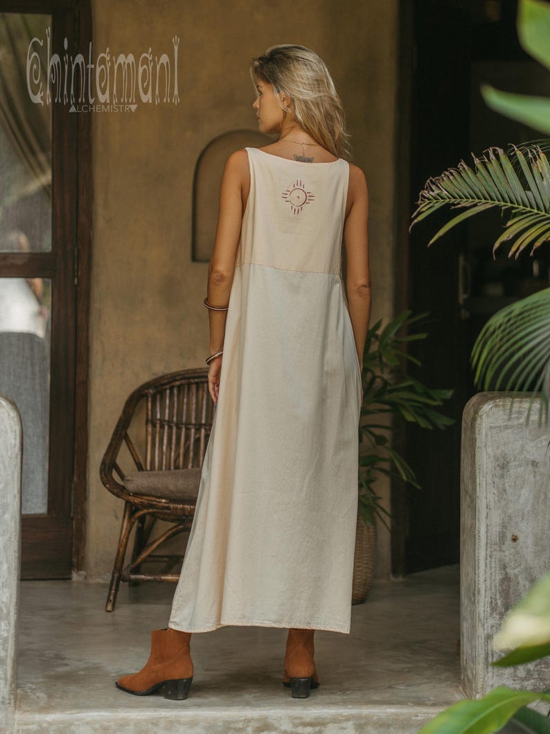 Organic Cotton Boho Dress ∆ Women Maxi Dress ∆ Ceremonial Clothes Cream Modest Dress by Chintamani ∆ Ibiza Bohemian Outfit / Ivory image 3