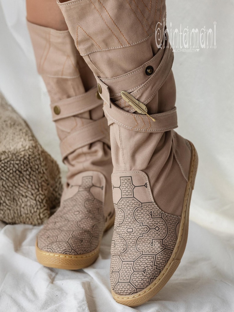 Beige Vegan Shoes ∆ Canvas High Boots Women ∆ Tribal Wrap Shoes ∆ Playa Outfit Man Cotton Boho Boots ∆ Goa Ibiza Gypsy Style image 9
