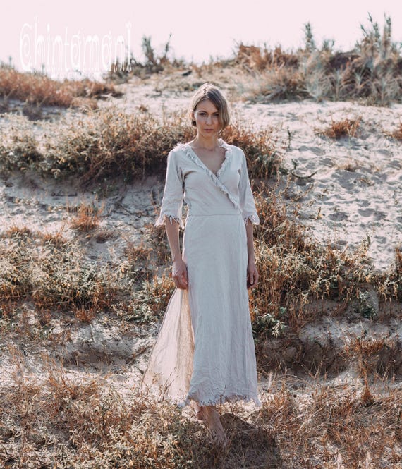 Gypsy Kimono Wrap Dress  Organic Cotton Maxi Dress  Eco Natural Bohemian  Dress Women  Boho Wedding Dress  Fringe 1/2 Sleeve Dress / Grey