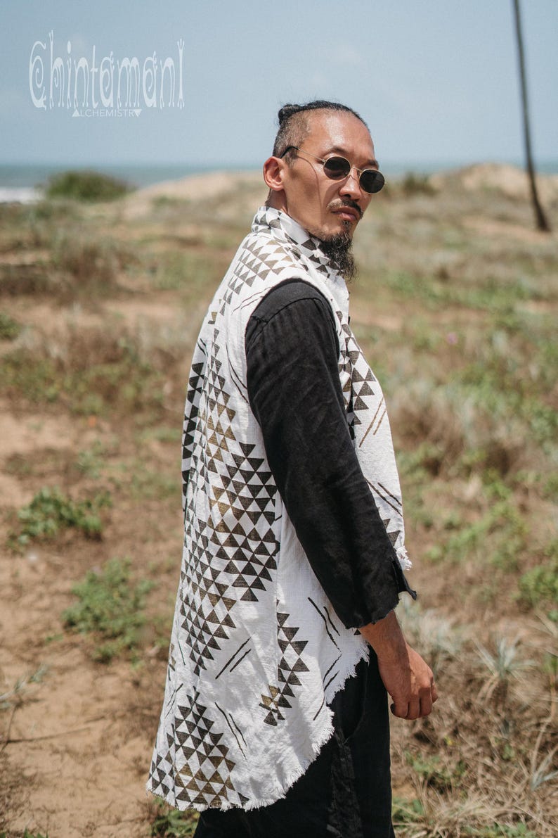 Burner Boho Väst ∆ Herr Ärmlös Jacka ∆ Festivalkläder Tunika Tribal Herrkläder ∆ Goa Tulum Outfit ∆ Hög Låg Långärmad Linne bild 4