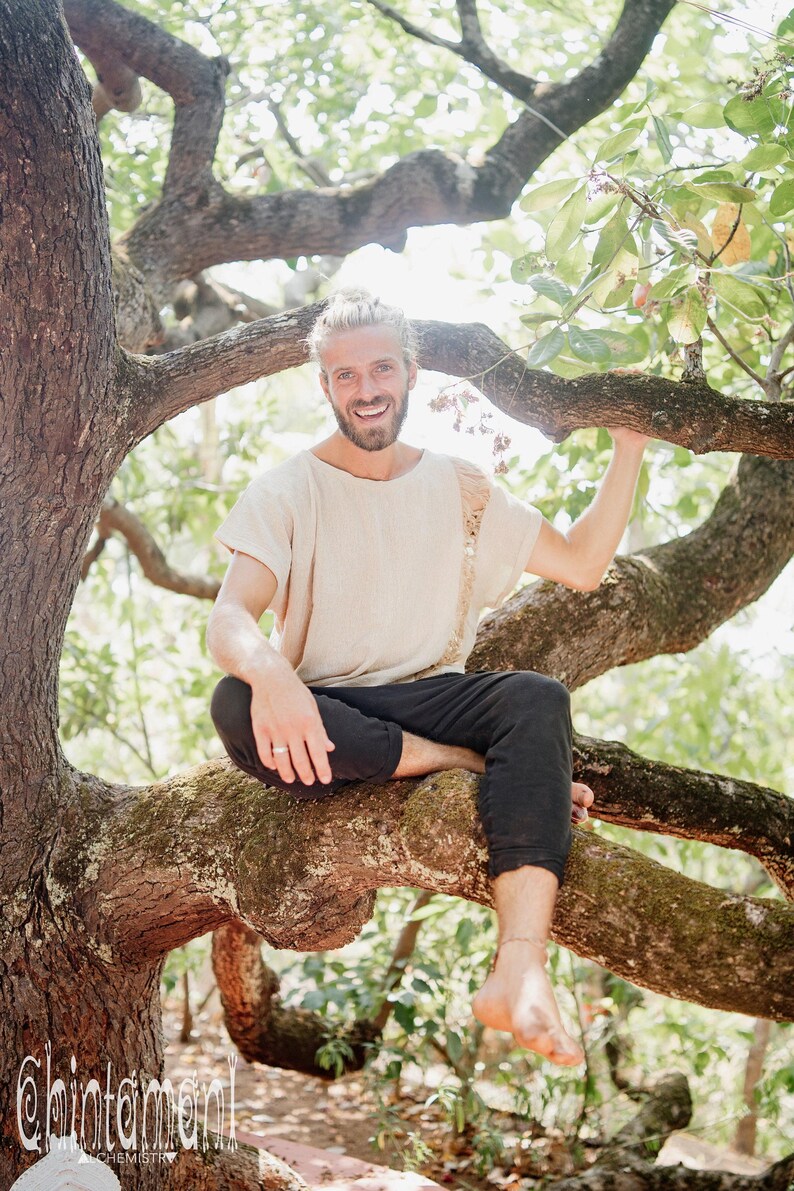 Beige Cotton Tshirt ∆ Boho Clothing Men Tee Shirt ∆ Hippie Gypsy Clothing ∆ Burning Man Ibiza Short Sleeve Tunic ∆ Organic Nomad Man image 9