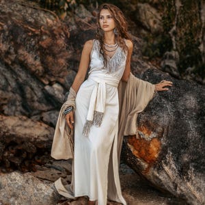Fringe Boho Wedding Dress ∆ Women Clothing Simple Cotton Maxi Dress ∆ Belted Goddess Dress ∆ Vback Long Backless Slit Dress / Off White