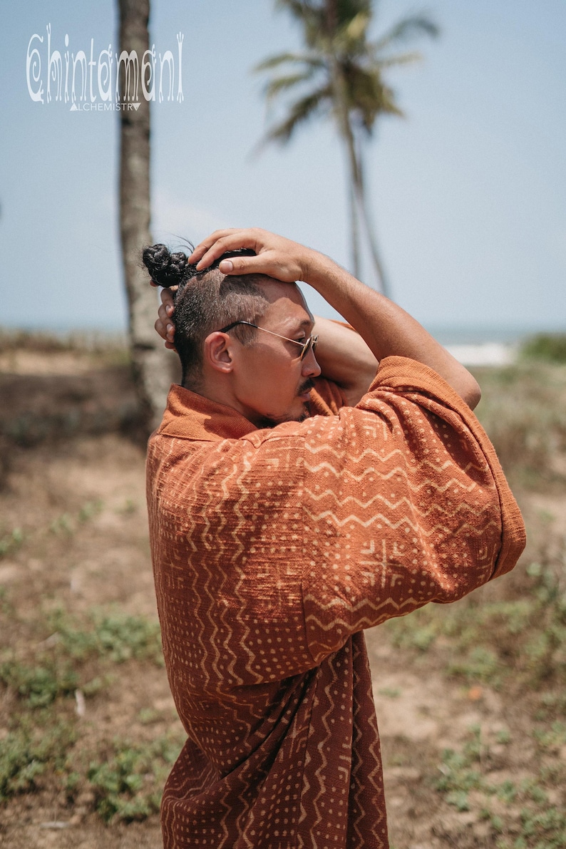 Mens Boho Kimono Cardigan ∆ Raw Cotton Festival Kimono Robe ∆ Desert Man Clothing Spring Kaftan Wrap Jacket ∆ Nomad Bedouin Outfit / Rusty image 6