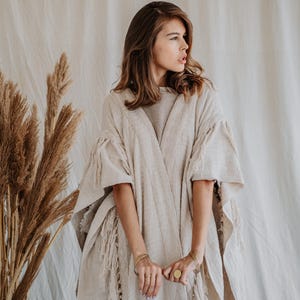 Women Poncho Boho Kimono Robe ∆ Burning Festival Clothes Desert Man Cardigan ∆ Ceremony Bohemian Clothing Blanket Fringe Robe / Off White image 12