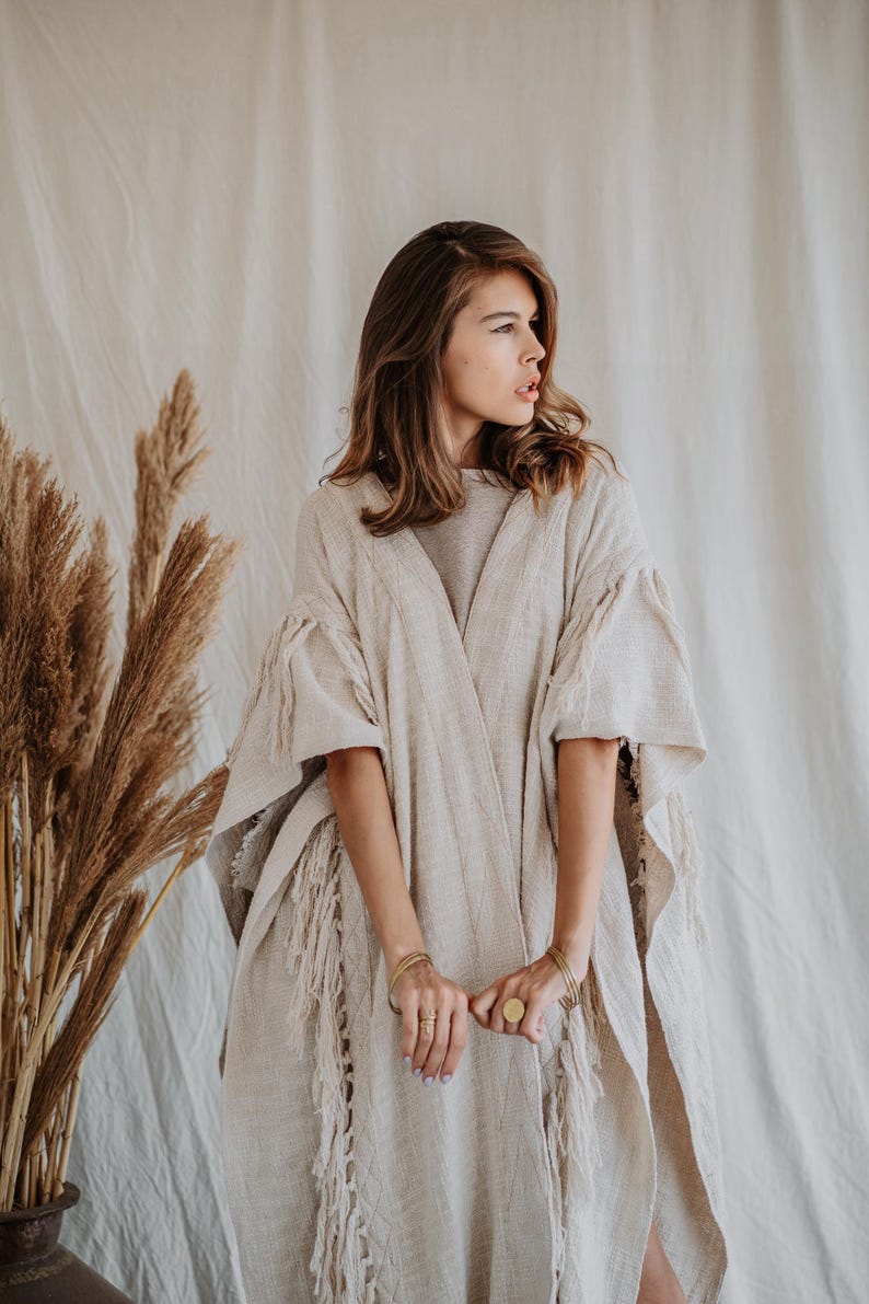 Women Poncho Boho Kimono Robe ∆ Burning Festival Clothes Desert Man Cardigan ∆ Ceremony Bohemian Clothing Blanket Fringe Robe / Off White image 12