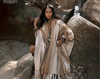 Tassel Fringe Poncho ∆ Ceremony Robe Festival Outfit ∆ Women Clothes Boho Kimono ∆ Huge Bohemian Cardigan Wrap by Chintamani / Coffee