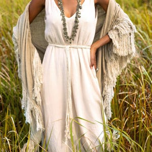 Boho Shawl ∆ Fringe Bohemian Scarf Women ∆ Hippie Boho Clothing Organic Shawl ∆ Eco Earthy Gypsy Triangle Cotton Scarf Wrap Cover Up / Sage image 2