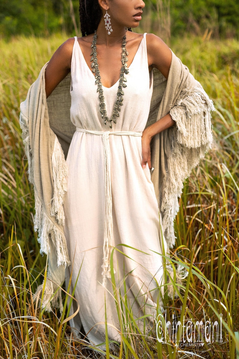 Boho Shawl ∆ Fringe Bohemian Scarf Women ∆ Hippie Boho Clothing Organic Shawl ∆ Eco Earthy Gypsy Triangle Cotton Scarf Wrap Cover Up / Sage image 2