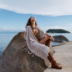 Women Poncho Boho Kimono Robe ∆ Burning Festival Clothes Desert Man Cardigan ∆ Ceremony Bohemian Clothing Blanket Fringe Robe / Off White image 2