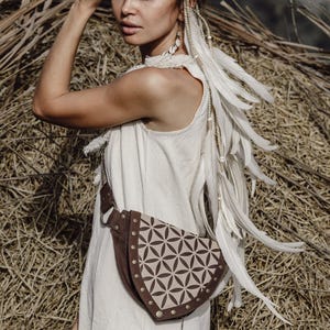 Sac banane marron Sac banane avec poche sur la cuisse Sac banane bohème en toile pour femme ∆ Sac végétalien Fleur de vie ∆ Sac banane tribal Goa Ibiza en coton