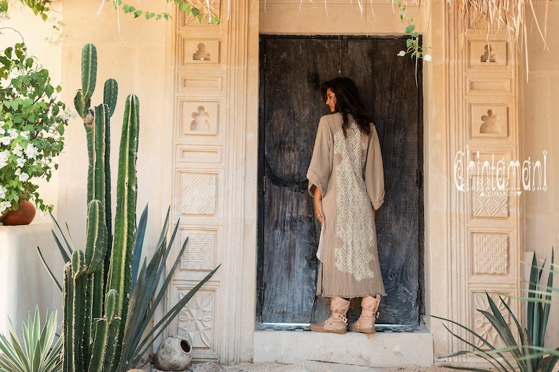 Raw Cotton Kimono Robe ∆ Women Boho Wrap Cardigan Top ∆ Maxi Bohemian Kimono Jacket ∆ Gypsystyle Clothing ∆ Ibiza Cape Beach Cover Up / Sage image 9