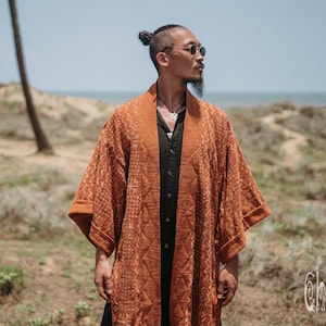 Mens Boho Kimono Cardigan ∆ Raw Cotton Festival Kimono Robe ∆ Desert Man Clothing Spring Kaftan Wrap Jacket ∆ Nomad Bedouin Outfit / Rusty image 9