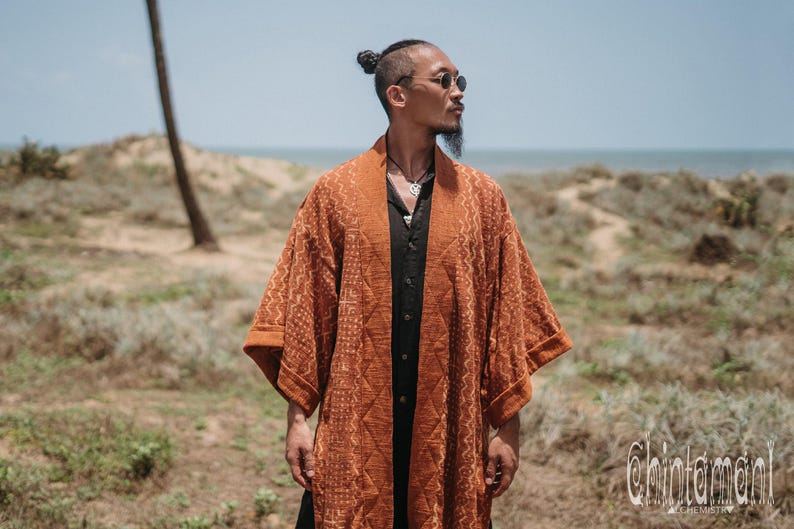 Mens Boho Kimono Cardigan ∆ Raw Cotton Festival Kimono Robe ∆ Desert Man Clothing Spring Kaftan Wrap Jacket ∆ Nomad Bedouin Outfit / Rusty image 9
