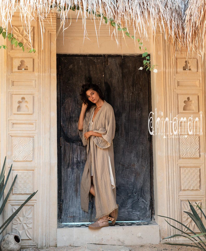 Raw Cotton Kimono Robe ∆ Women Boho Wrap Cardigan Top ∆ Maxi Bohemian Kimono Jacket ∆ Gypsystyle Clothing ∆ Ibiza Cape Beach Cover Up / Sage image 6