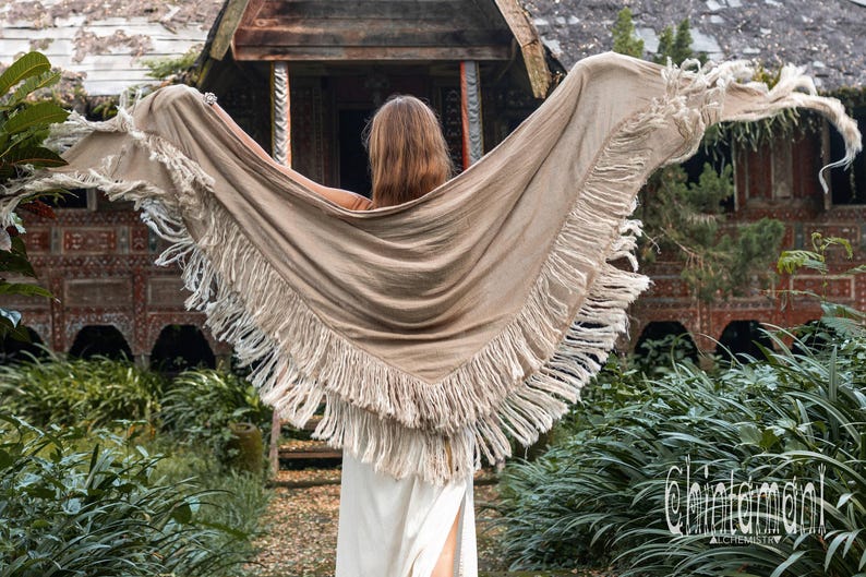 Boho Shawl ∆ Fringe Bohemian Scarf Women ∆ Hippie Boho Clothing Organic Shawl ∆ Eco Earthy Gypsy Triangle Cotton Scarf Wrap Cover Up / Sage image 14