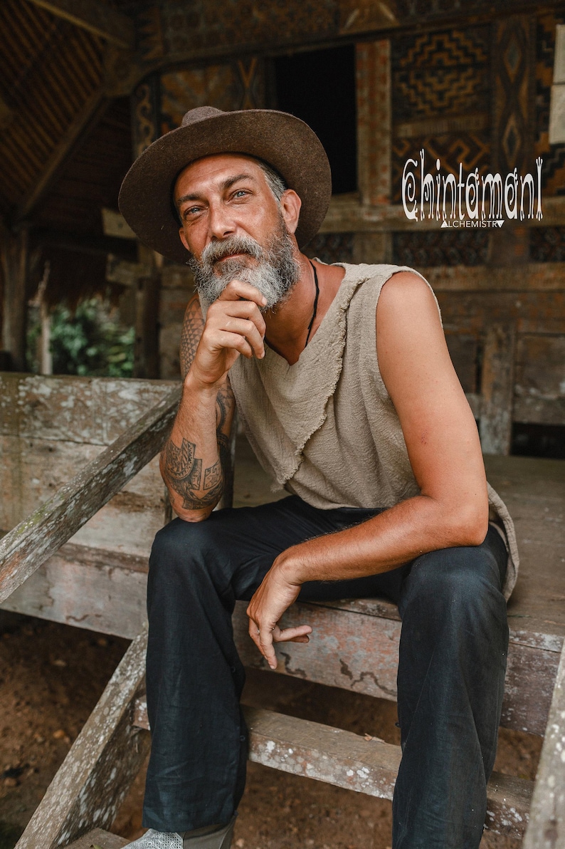 Mens Boho Tank Top ∆ Raw Cotton Hippie Shirt Boho Clothing Men ∆ Goa Gypsy Nomad Tribal Organic Clothes ∆ Vegan Sleeveless Tshirt / Sage image 6