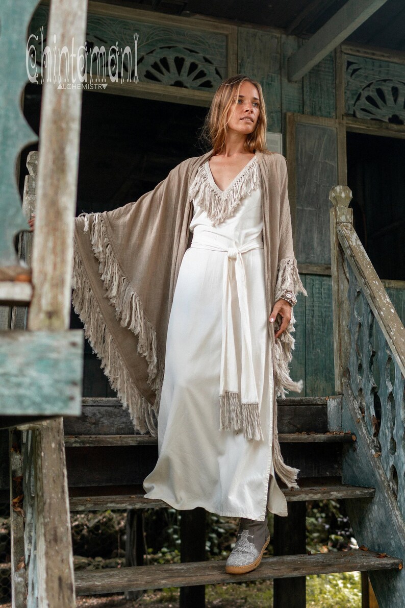 Boho Shawl ∆ Fringe Bohemian Scarf Women ∆ Hippie Boho Clothing Organic Shawl ∆ Eco Earthy Gypsy Triangle Cotton Scarf Wrap Cover Up / Sage image 10