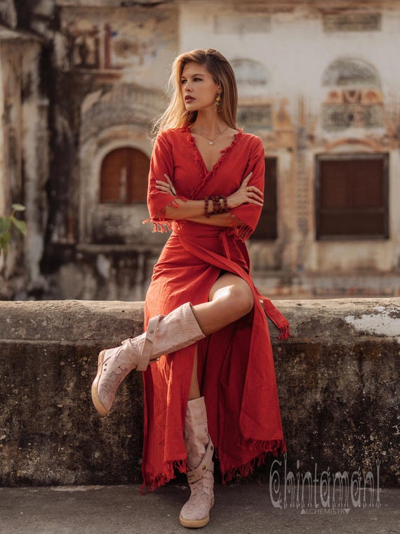 Wrap Boho Maxi Dress ∆ Goddess Boho Clothing Women ∆ Princess Western Gypsy Fringe Organic Dress of Raw Cotton / Red Ochre