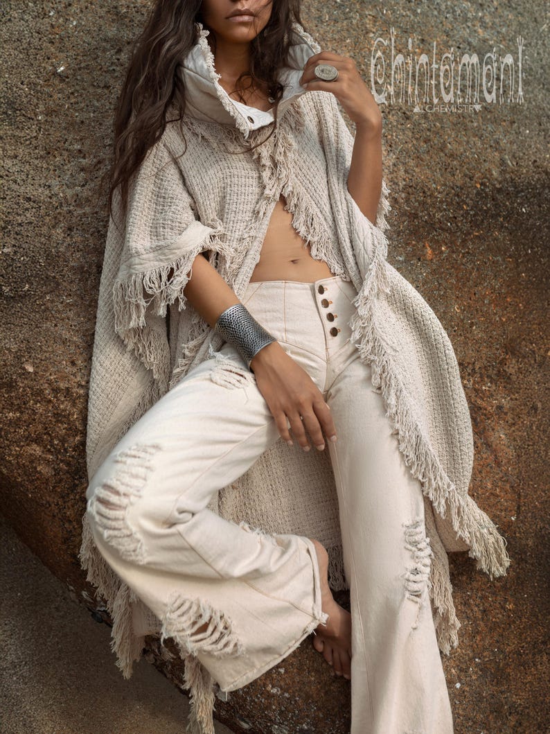 Festivalponcho ∆ Dam Boho Kofta Jacka ∆ Rå Bomull Boho Morgonrock ∆ Vidärmad Överdimensionerad Kimono Omlotttopp ∆ Nomadkläder Outfit bild 7