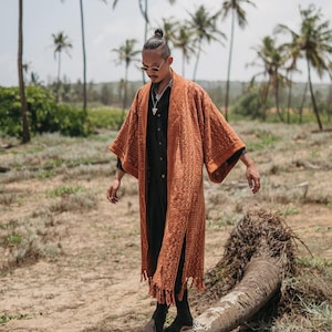 Mens Boho Kimono Cardigan ∆ Raw Cotton Festival Kimono Robe ∆ Desert Man Clothing Spring Kaftan Wrap Jacket ∆ Nomad Bedouin Outfit / Rusty image 5