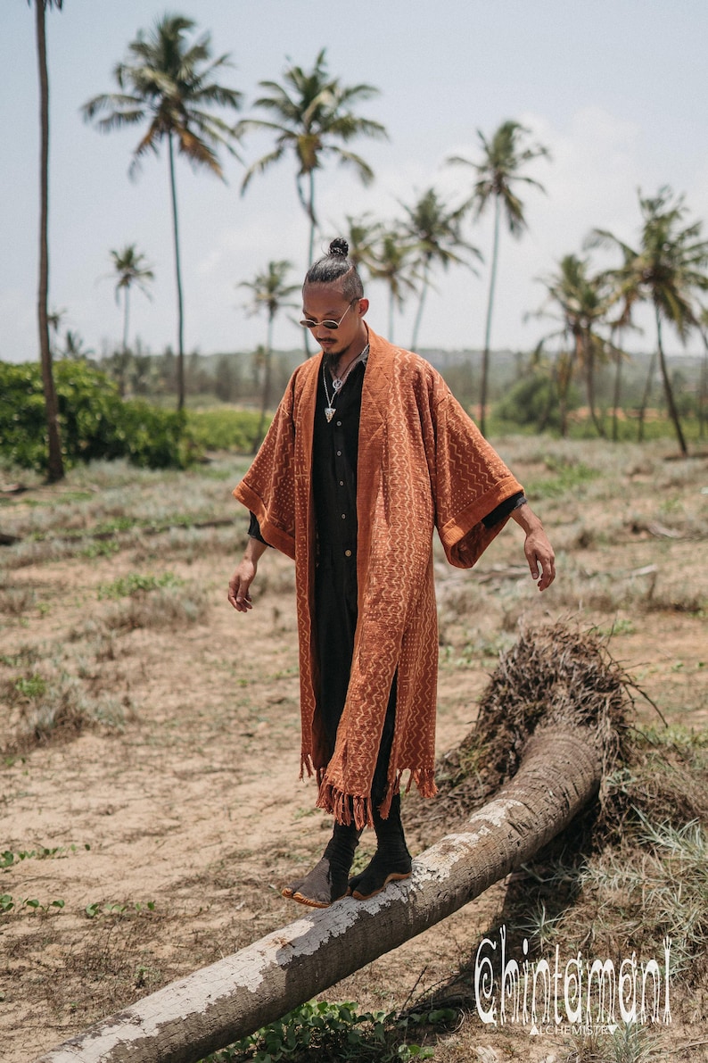 Mens Boho Kimono Cardigan ∆ Raw Cotton Festival Kimono Robe ∆ Desert Man Clothing Spring Kaftan Wrap Jacket ∆ Nomad Bedouin Outfit / Rusty image 5