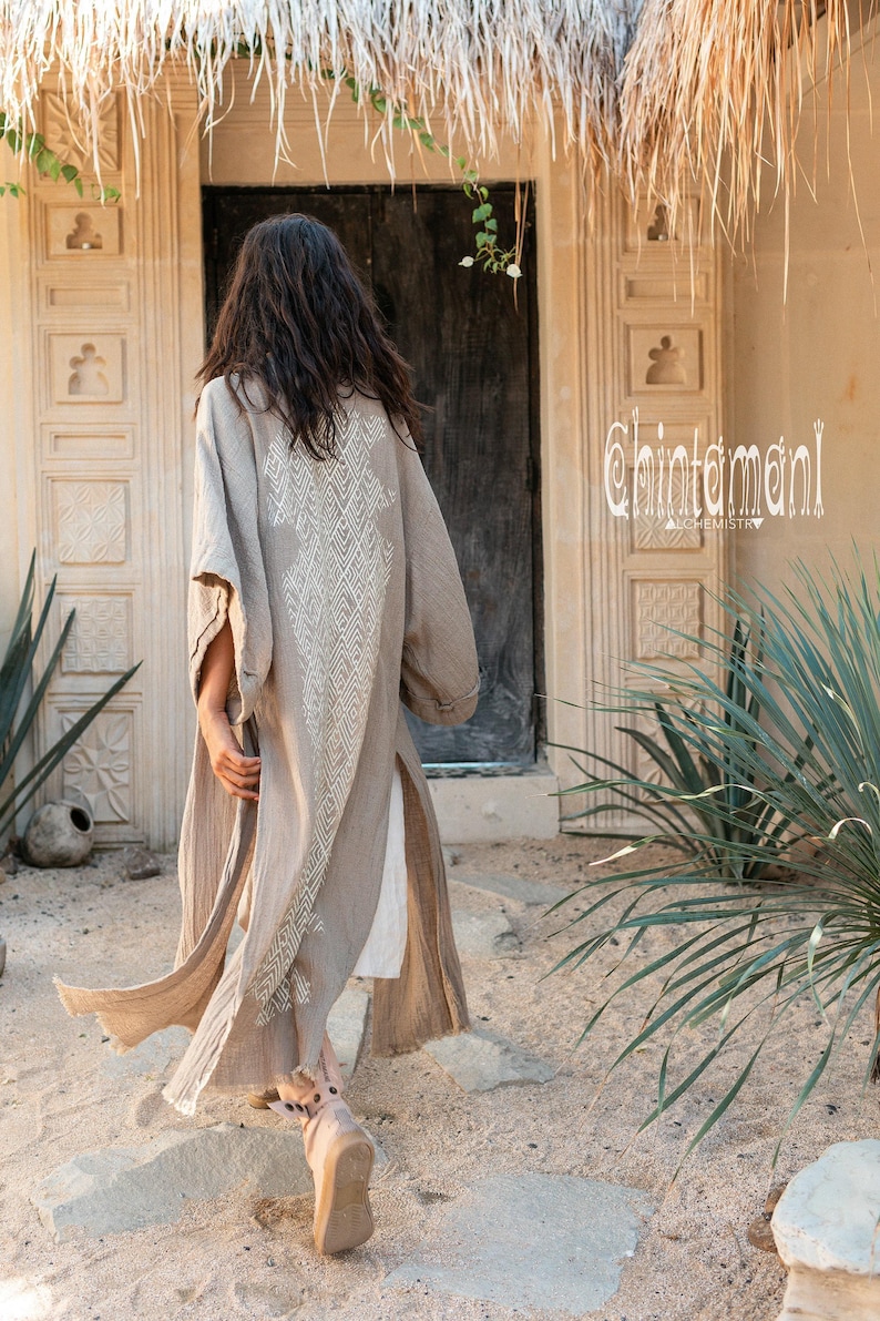 Raw Cotton Kimono Robe ∆ Women Boho Wrap Cardigan Top ∆ Maxi Bohemian Kimono Jacket ∆ Gypsystyle Clothing ∆ Ibiza Cape Beach Cover Up / Sage image 3