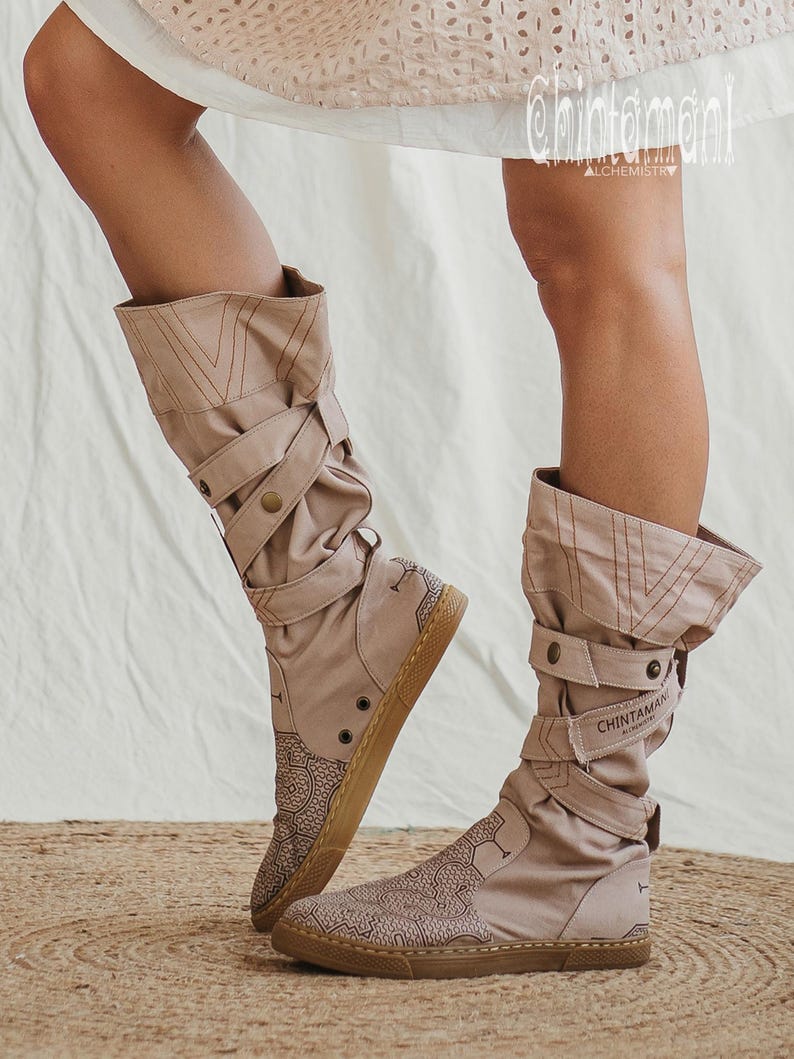 Beige Vegan Shoes ∆ Canvas High Boots Women ∆ Tribal Wrap Shoes ∆ Playa Outfit Man Cotton Boho Boots ∆ Goa Ibiza Gypsy Style image 7