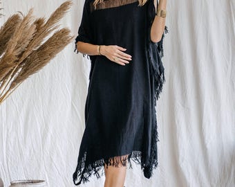Svart Boho Klänning ∆ Boho Poncho Topp ∆ Dam Festivalkläder Ceremoniklänning ∆ Sommar Kaftan Tunika Klänning ∆ Överdimensionerad Lös Klänning / Svart