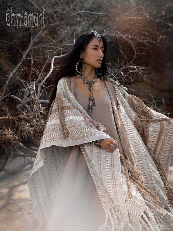 Tassel Fringe Poncho ∆ Ceremony Robe Festival Outfit ∆ Women Clothes Boho Kimono ∆ Bohemian Cardigan Wrap ∆ Chintamani Huge Ponchos / Coffee