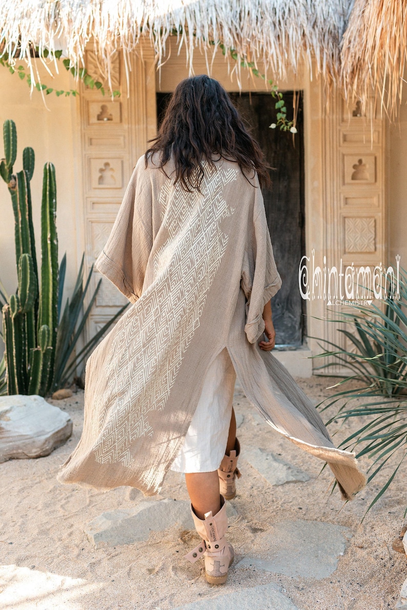 Raw Cotton Kimono Robe ∆ Women Boho Wrap Cardigan Top ∆ Maxi Bohemian Kimono Jacket ∆ Gypsystyle Clothing ∆ Ibiza Cape Beach Cover Up / Sage image 5