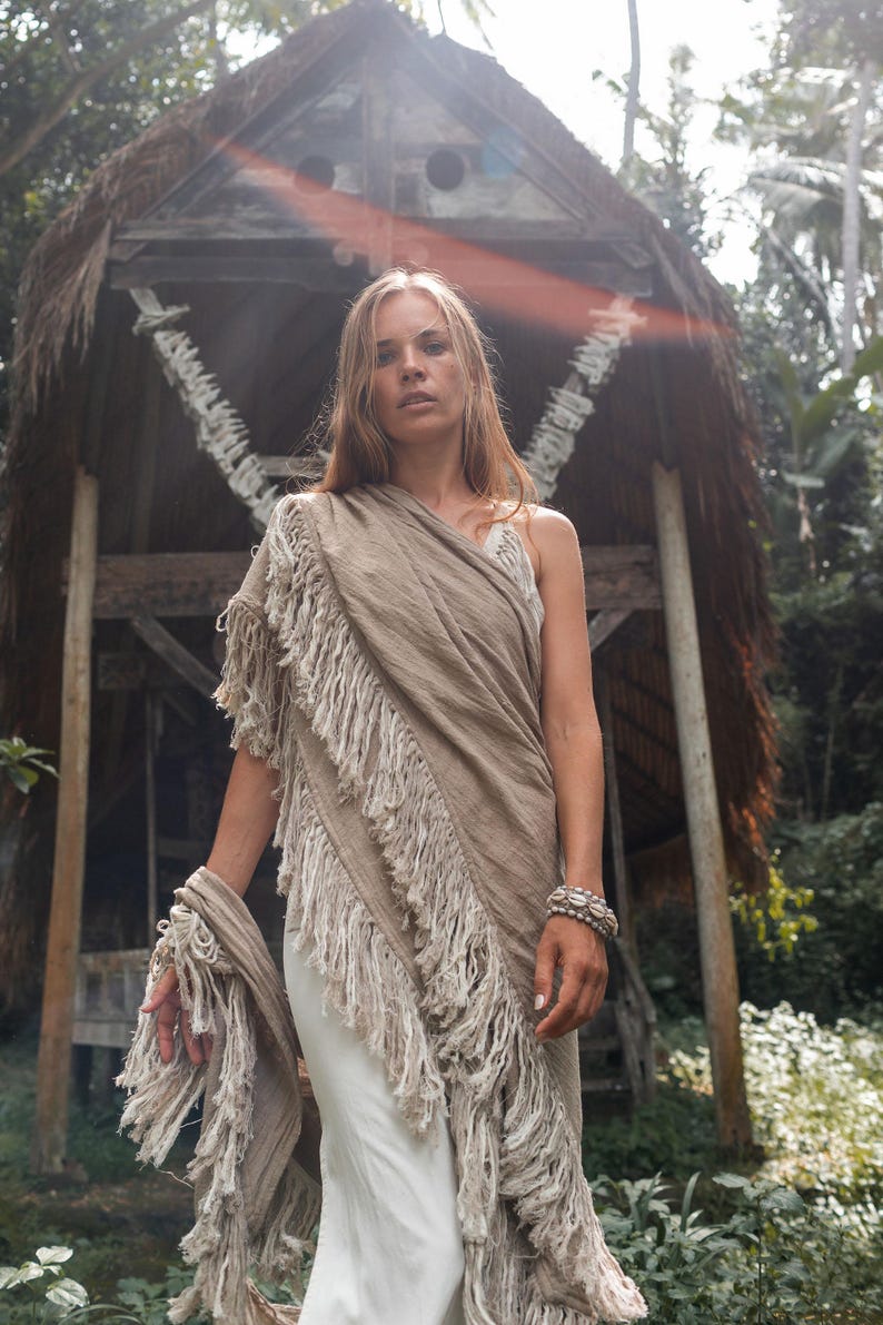 Boho Shawl ∆ Fringe Bohemian Scarf Women ∆ Hippie Boho Clothing Organic Shawl ∆ Eco Earthy Gypsy Triangle Cotton Scarf Wrap Cover Up / Sage image 19