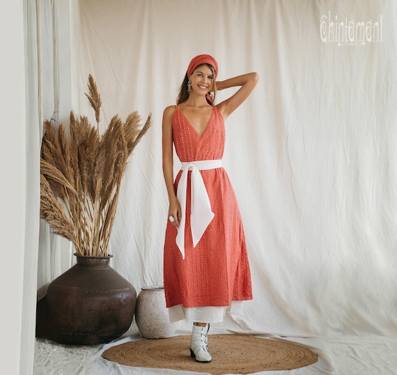 modest halter dress Red Boho ∆ Summer Organic Cotton Clothing Double Layer Belted Dress ∆ Simple Dress ∆ Goddess Gown / Coral Rose Restock Sign Up