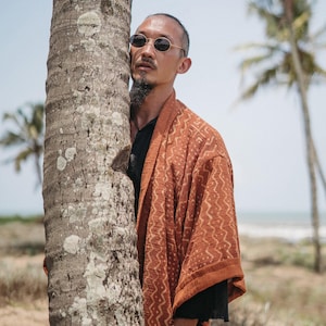 Mens Boho Kimono Cardigan ∆ Raw Cotton Festival Kimono Robe ∆ Desert Man Clothing Spring Kaftan Wrap Jacket ∆ Nomad Bedouin Outfit / Rusty image 8