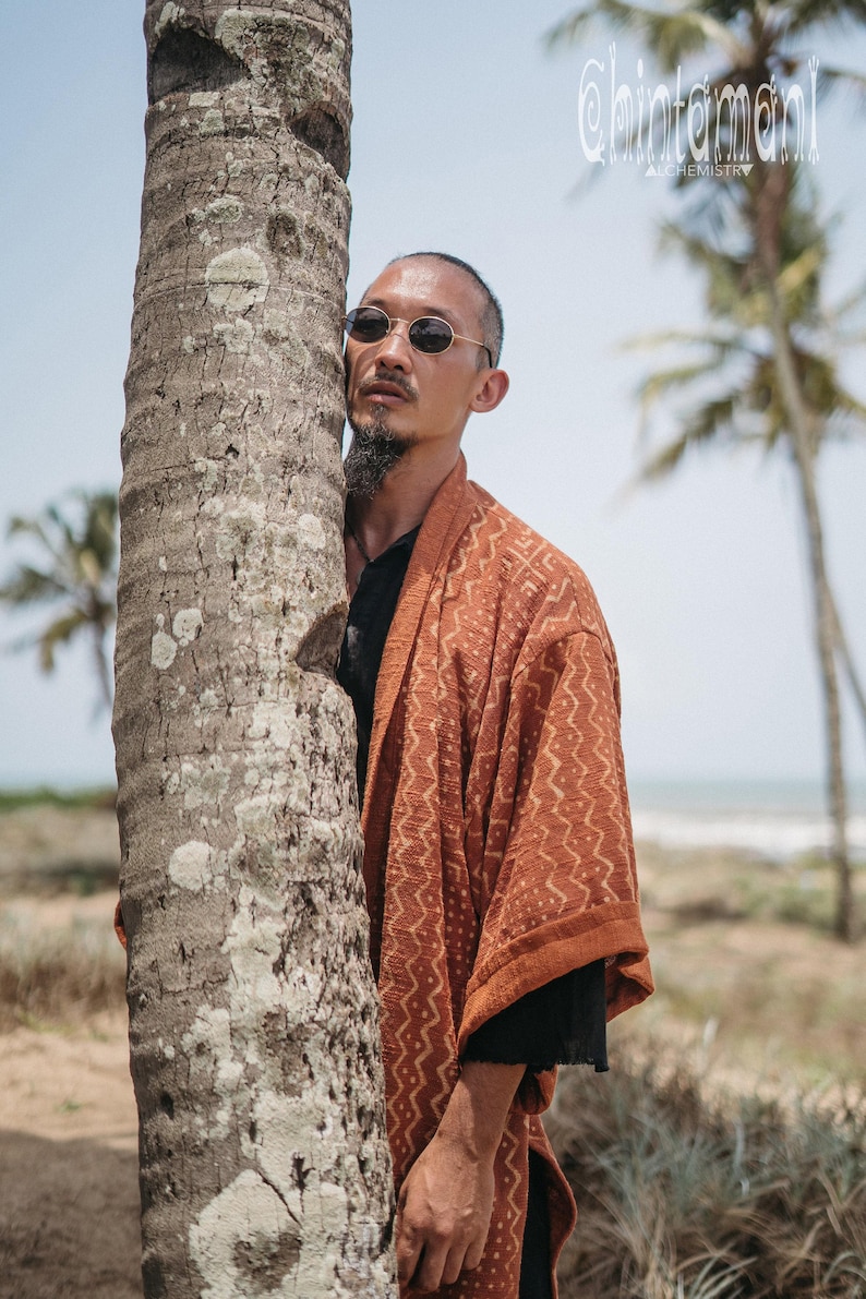 Mens Boho Kimono Cardigan ∆ Raw Cotton Festival Kimono Robe ∆ Desert Man Clothing Spring Kaftan Wrap Jacket ∆ Nomad Bedouin Outfit / Rusty image 8